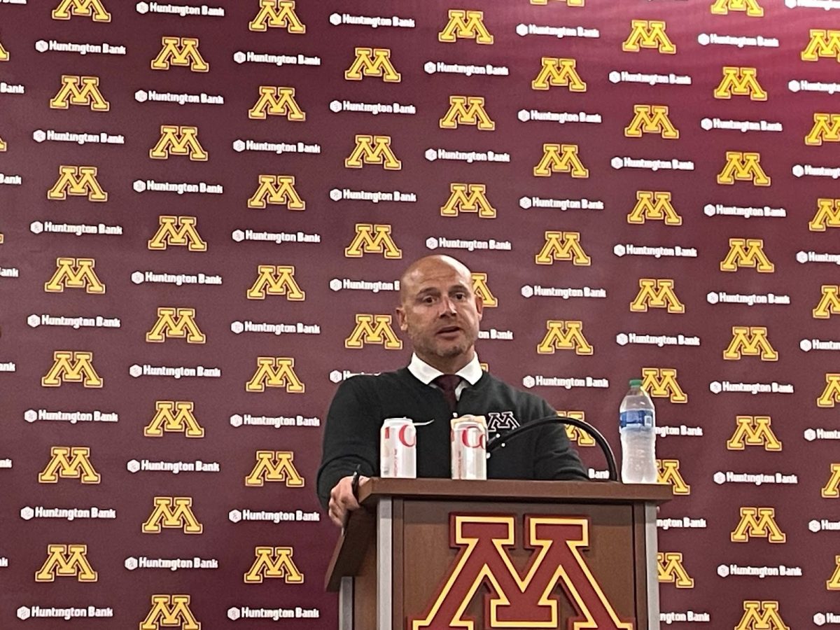 P.J. Fleck at a post-game press conference after beating Eastern Michigan University 25-6 on Sept. 9, 2023.