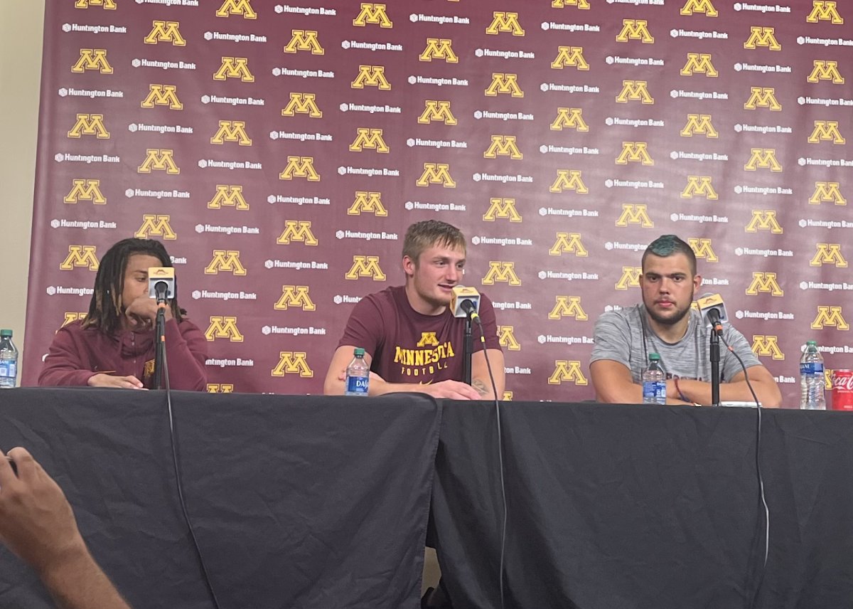 A+post-game+press+conference+following+the+Gophers%E2%80%99+win+against+the+Cornhuskers+on+August+31%2C+2023.+Minnesota+beat+the+Nebraska+team+13-10.