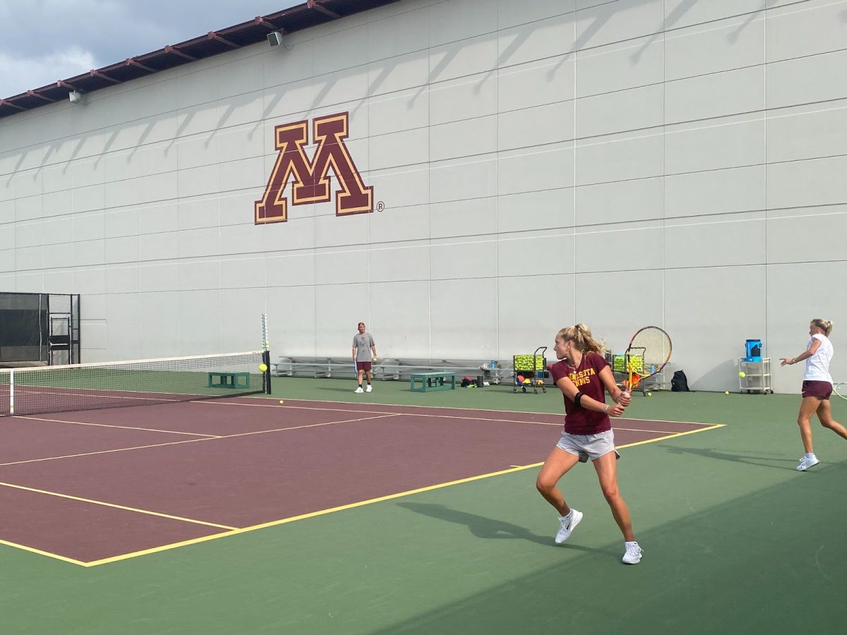 Sophomore Aiva Schmitz practicing her backhand in a cross-court drill on Sept. 22.