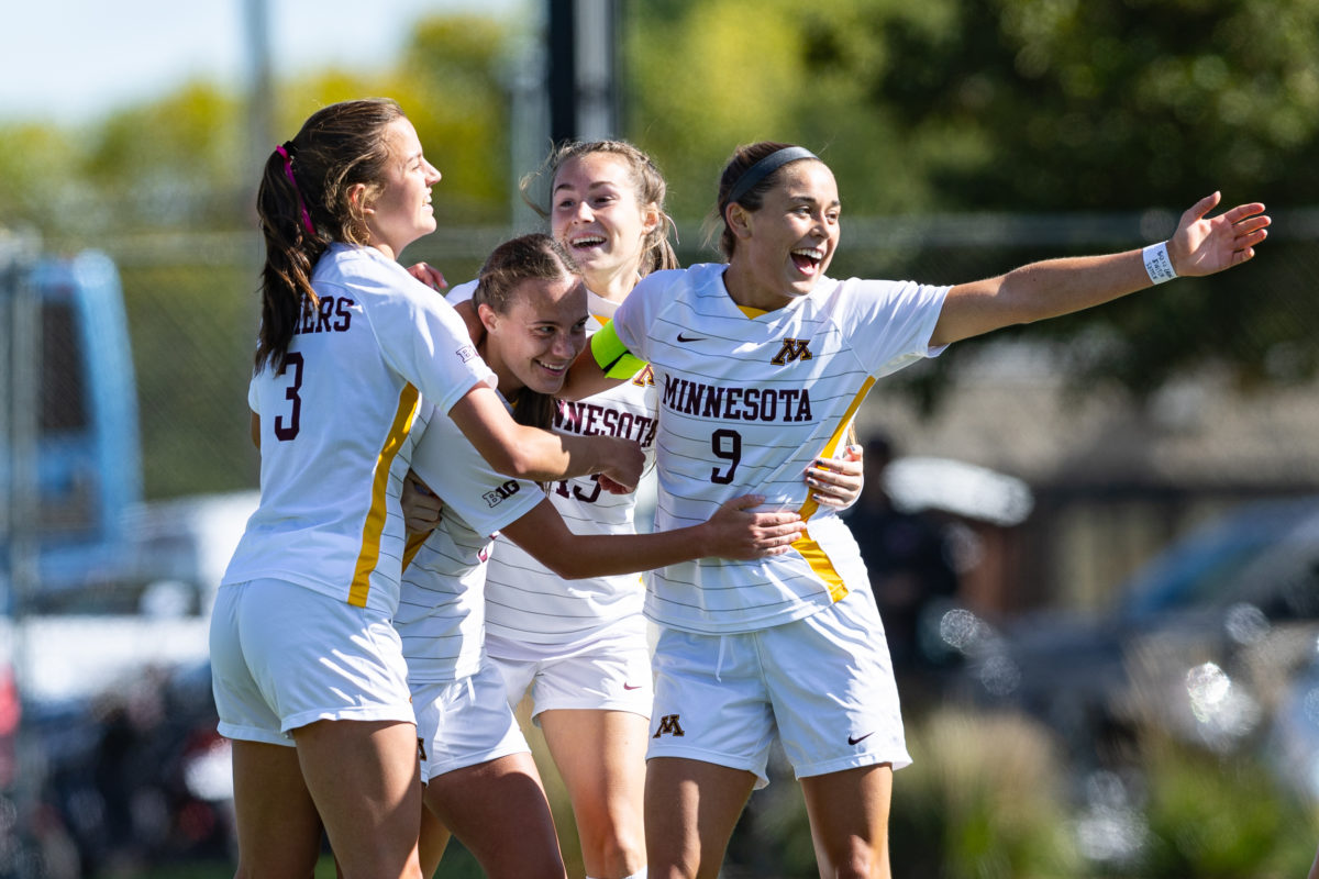 Gophers+soccer+players+celebrate+a+goal+against+Illinois+on+Oct.+8%2C+2023.