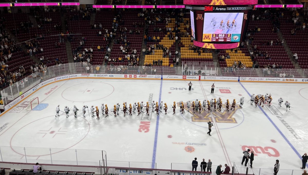 The+Gophers+mens+hockey+team+lines+up+during+their+game+on+Oct.+8%2C+2023.