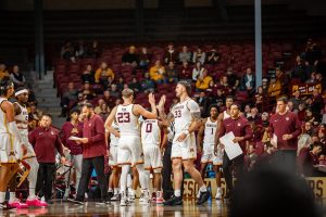 Gopher Mens basketball players Parker Fox and Jack Wilson high-fiving during their game versus Bethune Cookman on Monday Nov. 6, 2023 at the Barn at the University of Minnesota.