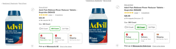 Advil prices at the Quarry Target versus the Dinkytown Target.