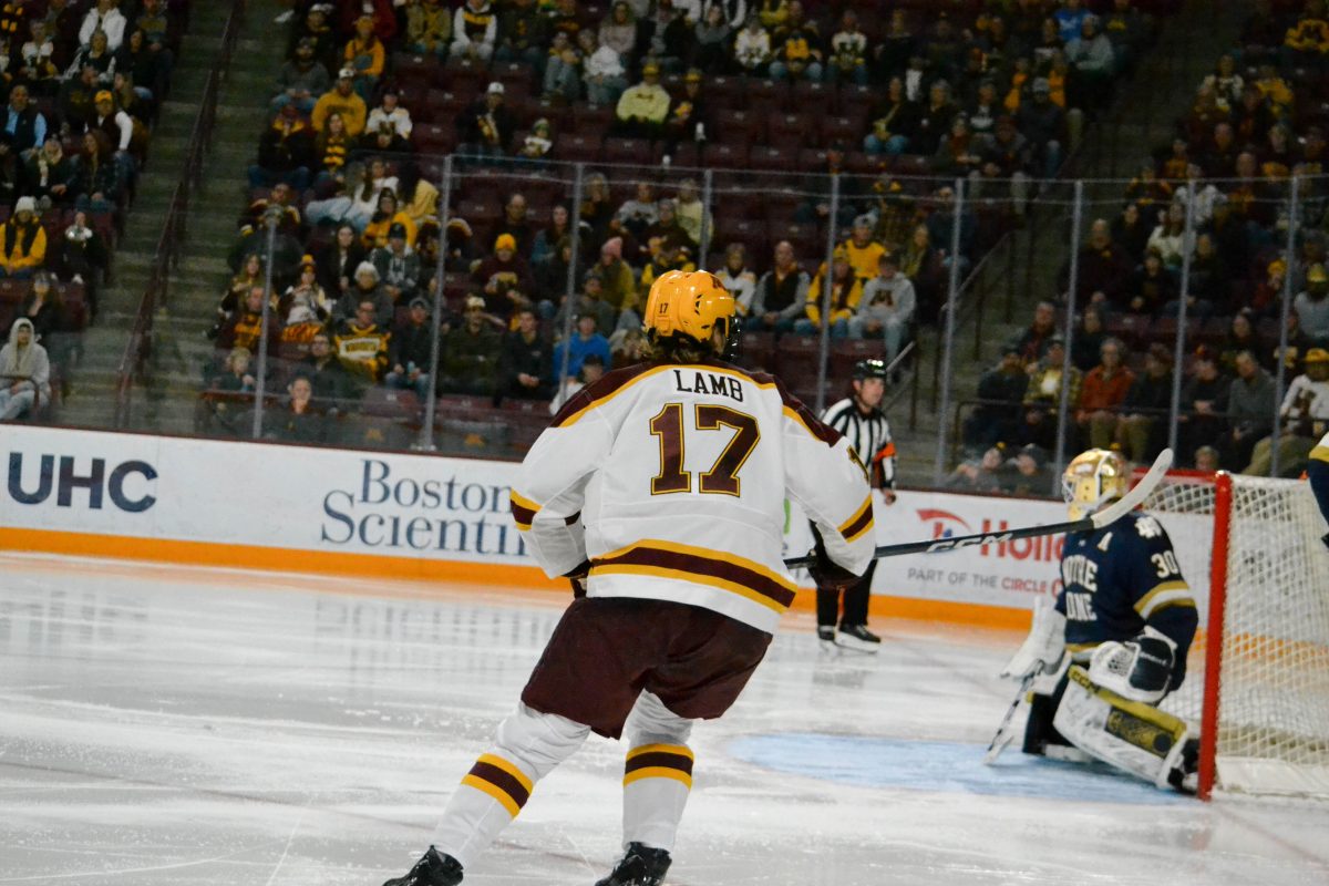 Brody Lamb on the ice against Notre Dame. The Gophers won with a score of 4-1.