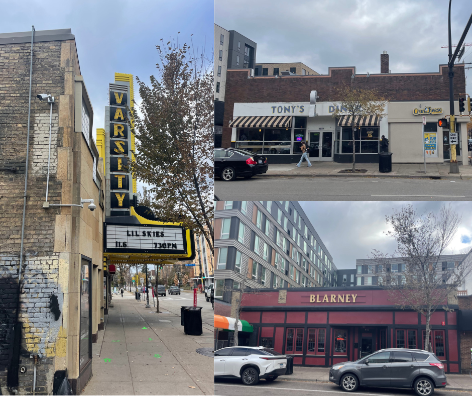 Varsity Theater (left), Blarney Pub and Grill (bottom right) and the one story brick building on the northwest corner of 4th St SE and 14th Ave SE (top right), on November 6, 2023.