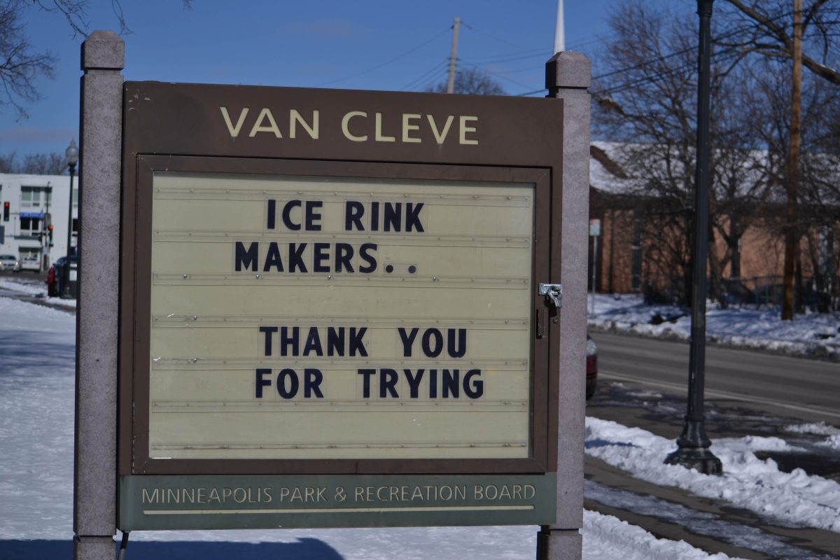 Van Cleve Park’s sign about their communal ice rink on Friday, Feb. 16, 2024.