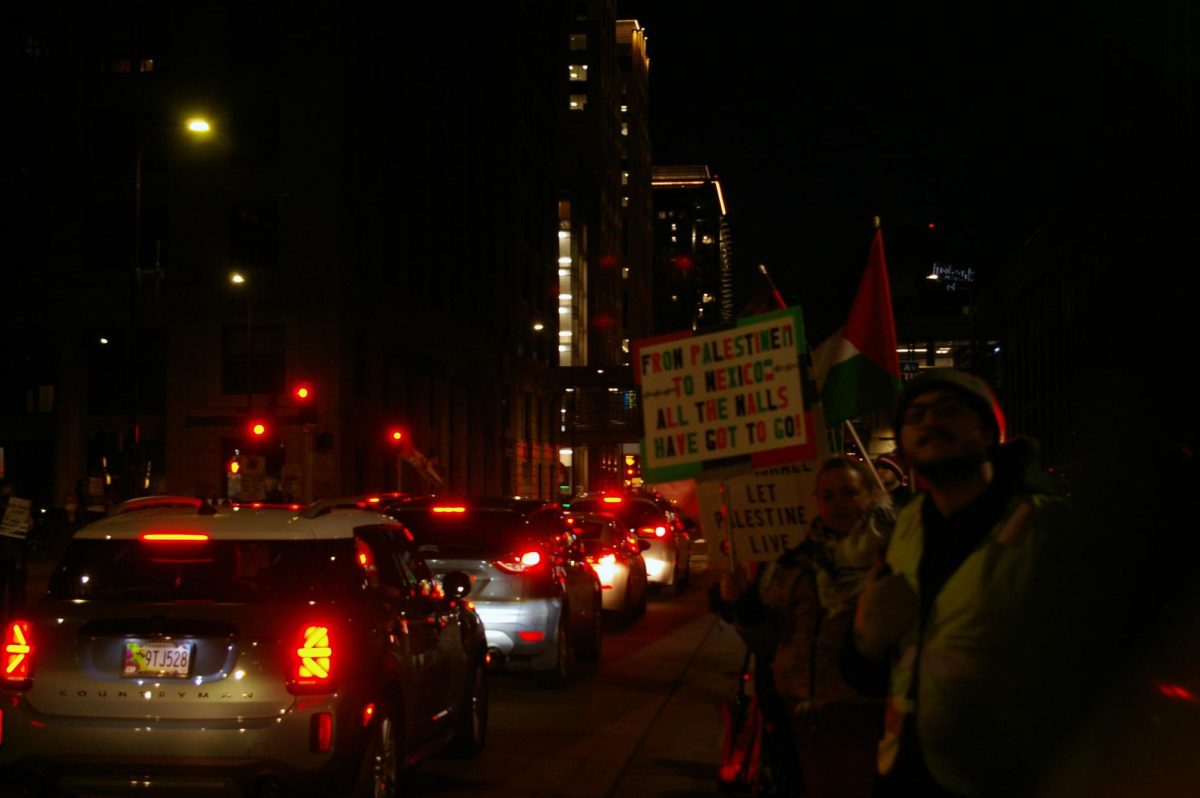 Protestors at City Hall on Feb. 2, 2024 in support of a ceasefire in Palestine.