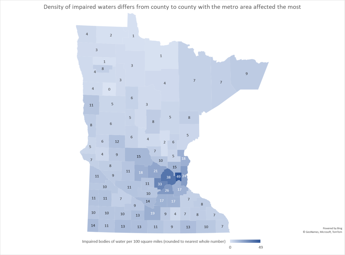 A+map+showing+the+density+of+impaired+lakes+per+100+square+miles+in+each+Minnesota+county+based+on+data+from+the+Draft+2024+Impaired+Waters+List.+Interact+with+the+data+through+ArcGIS.+Source%3A+MPCA.+2020+Census+data.