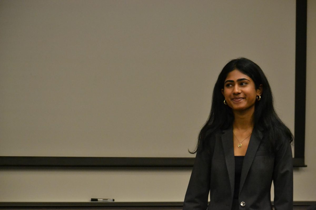 Srjana Srivatsa smiles after her presentation at the CoMIS Case Competition on Saturday. Each group had about 15 minutes to present their case to a panel of judges who asked them questions throughout the presentation. 