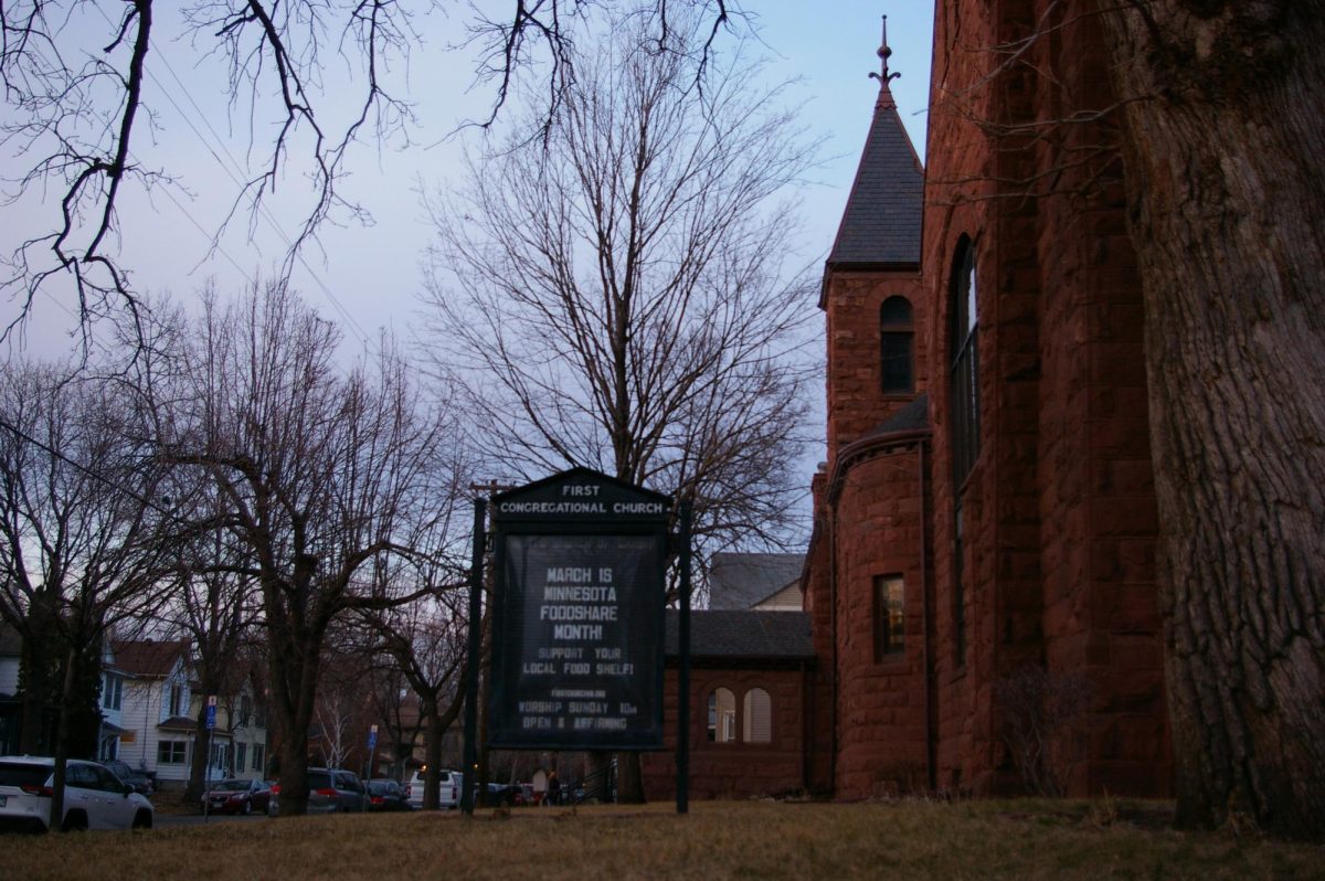 Pictured is the First Congregational Church of Minnesota, located in the Marcy-Holmes neighborhood of Minneapolis. They offer multiple resources to students and other members of the community including a food shelf, community kitchen, Little Free Pantry and more. Built in 1851, this building is a historical piece of Marcy-Holmes and remains a reliable resource for students today. 