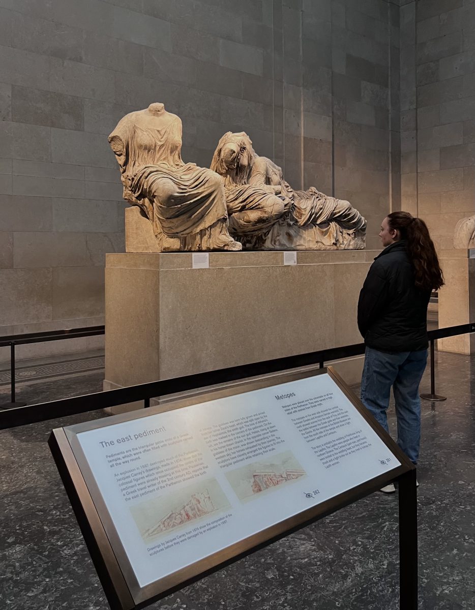 Maria Heinzen, currently studying abroad in London, gazes at a sculpture located at the British Museum. 