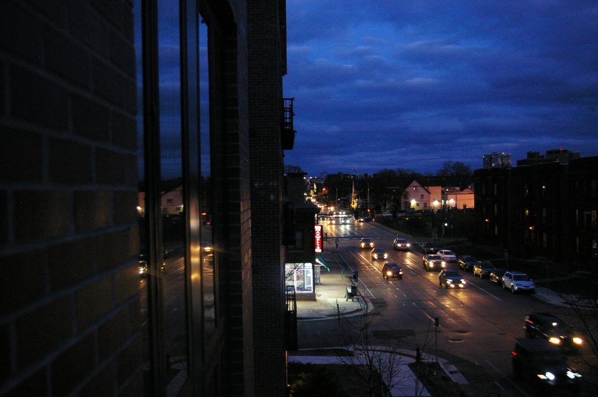 9:00 p.m. On Fourth Street Southeast, students and Twin Cities residents commute to and from work and classes.