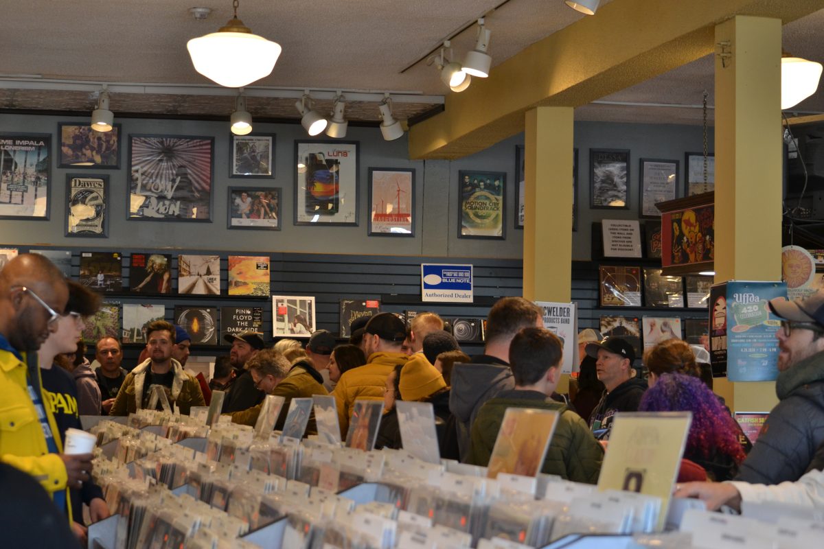 People line up to meet Frank Turner who is signing records at Electric Fetus during
Record Store Day on Saturday, April 20, 2024. The store has events going all day long with DJ sets and record signings. Electric Fetus, Cheapo Discs and others took part in Record Store Day.