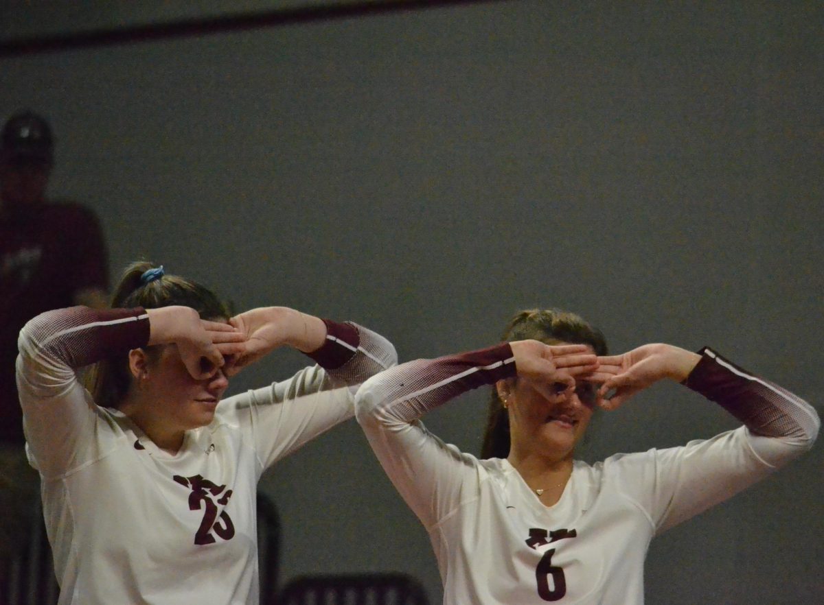 Twins on the University of Minnesota volleyball team, Olivia Swenson (left) and Stella Swenson (right), goof off on the sidelines in Minneapolis on Saturday. They defeated Marquette during their spring home game. 