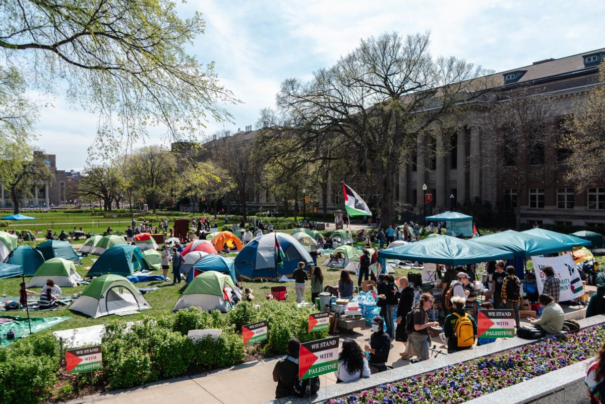 The encampments as of Tuesday afternoon. Several buildings were closed by the University because of the protests encampments.