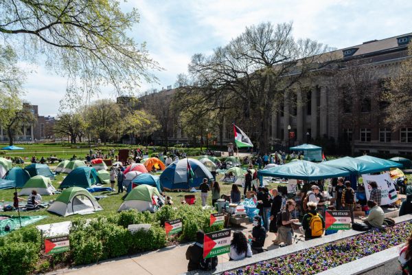 The encampments as of Tuesday afternoon. Several buildings were closed by the University because of the protests encampments.