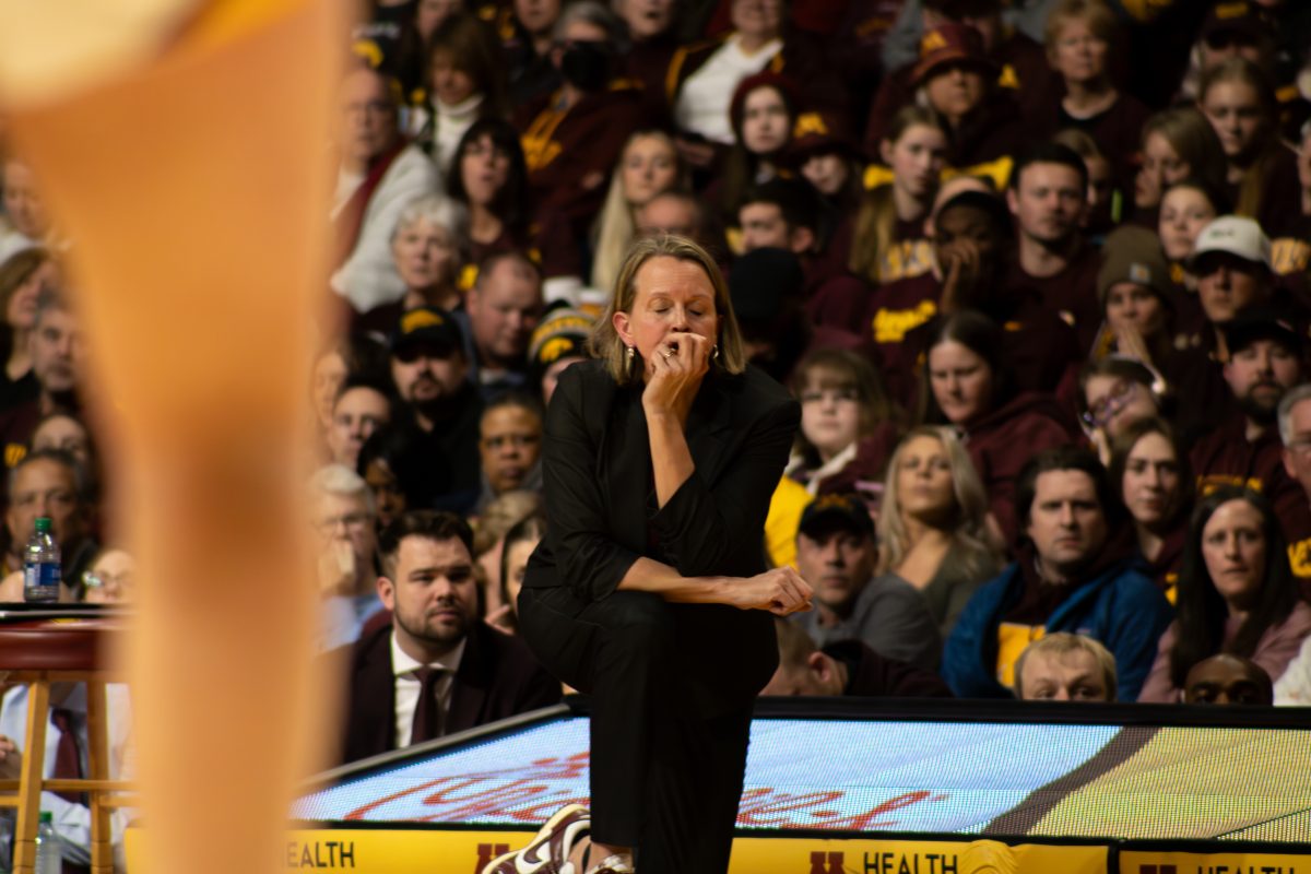 Coach+Dawn+Plitzuweit+on+Feb.+28.+The+Gophers+ended+their+season+20-16+after+playing+in+the+WNIT+championship+game.