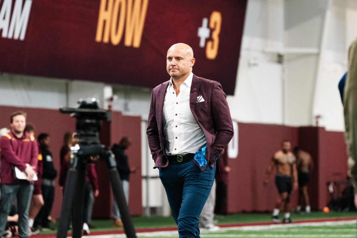 Football head coach P.J. Fleck during the Gophers Pro Day on March 14. Minnesota will hold an open practice to the public on Thursday, April 11, at 4:30 p.m. at Athlete’s Village.