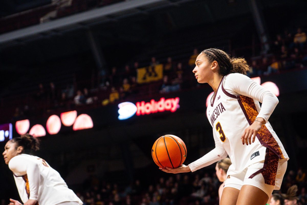 Senior #3 Amaya Battle against North Dakota State University for the Gophers home opener. Battle went scoreless but tallied seven assists and ten rebounds.