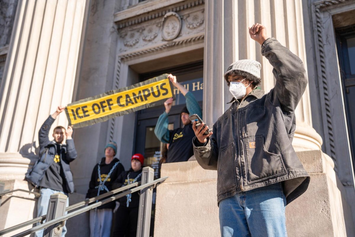 Students protest administration response to federal immigration presence at Morrill Hall on the University of Minnesota campus, Friday Feb. 6 2026.