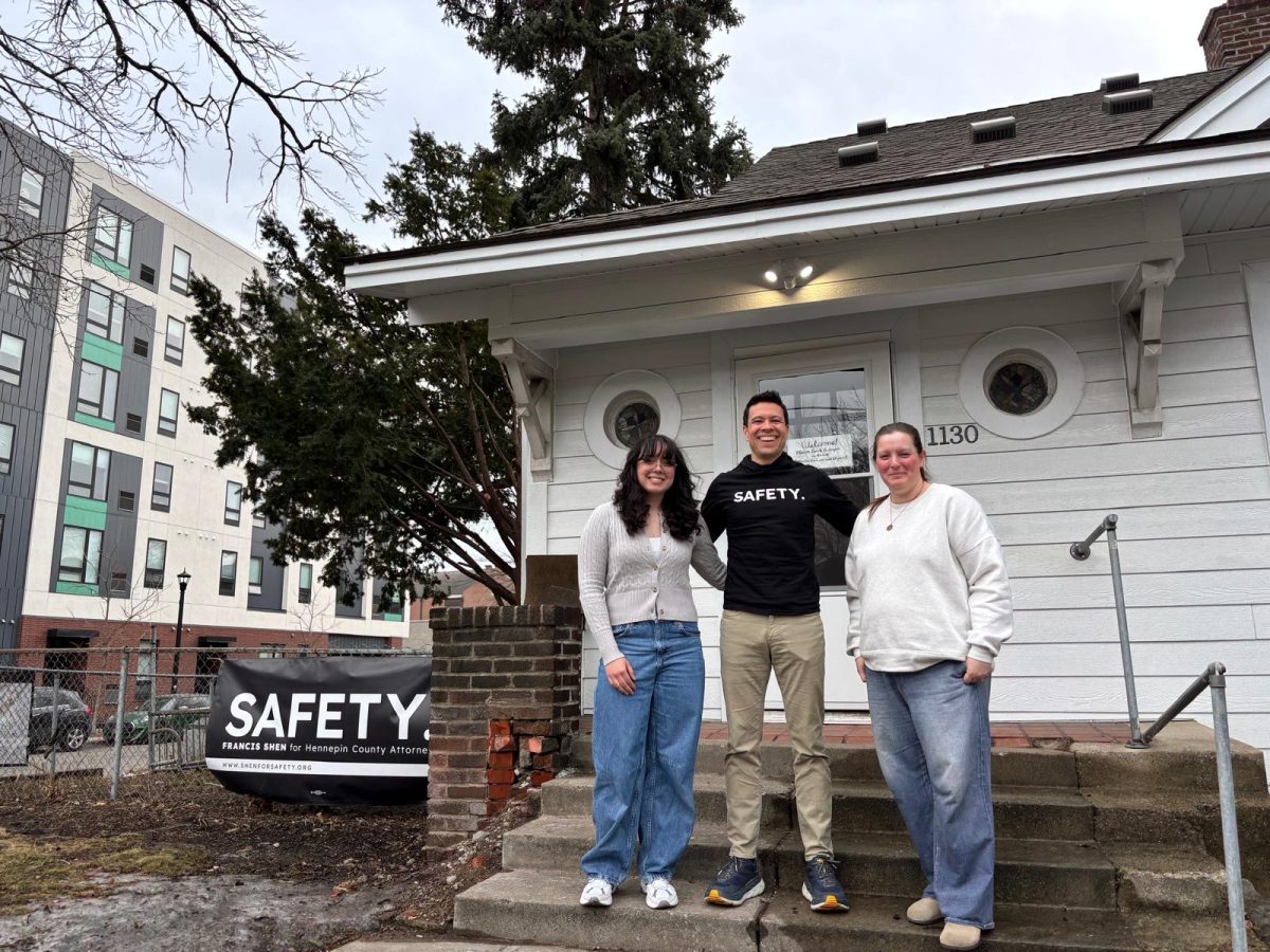 Francis Shen outside his Dinkytown campaign HQ, with campaign interns Joanlei Baker, second-year student of sociology of law at UMN, and Jessi Robertson, fourth-year student of political science and history at UMN.