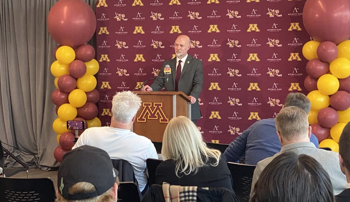 Brett Larson, formerly the St. Cloud Stat University men's hockey coach, announced as the new Gophers men's hockey coach, March 24.