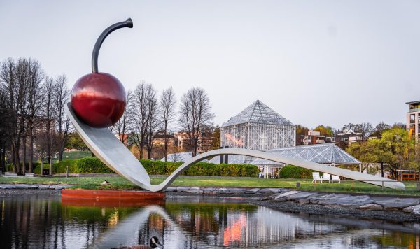 Spoonbridge and Cherry is seen at sunrise in the Minneapolis Sculpture Garden on April 28, 2026, in Minneapolis.