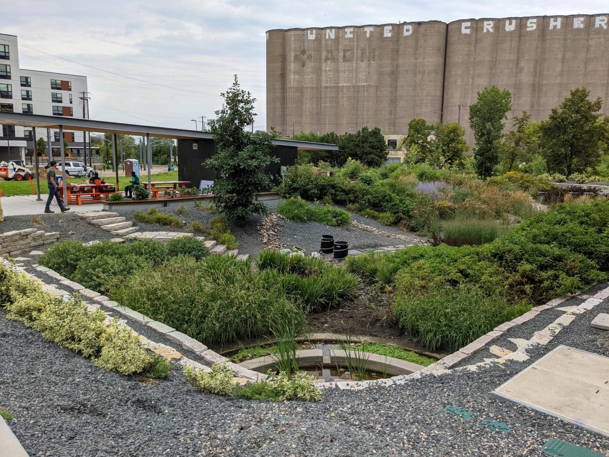 Towerside Innovation District rainwater system on the corner of 29th Ave and 4th Street in August 2021. |
Courtesy of Mississippi Watershed Management Organization
