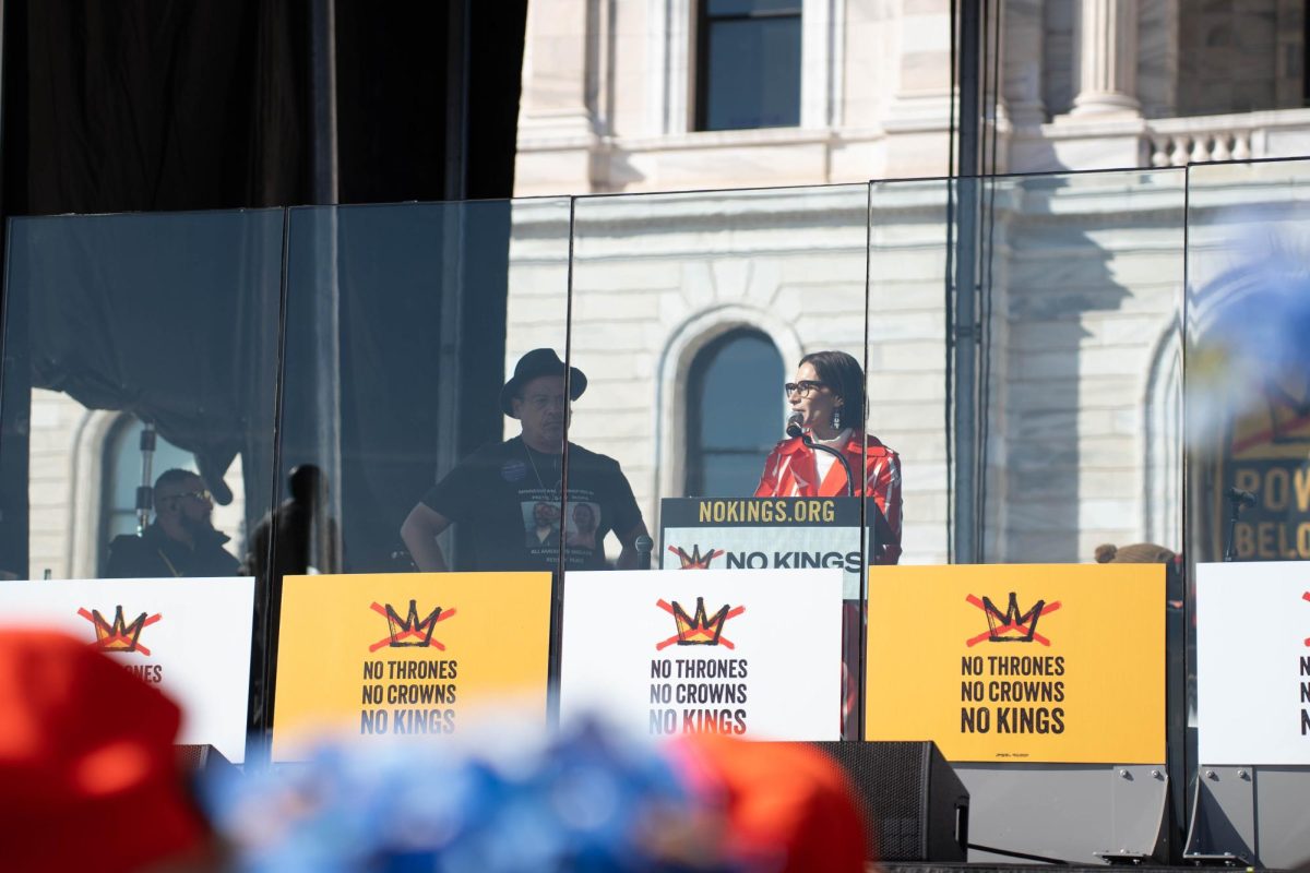 Peggy Flanagan gives a speech at the No Kings Rally on April 1, 2026.