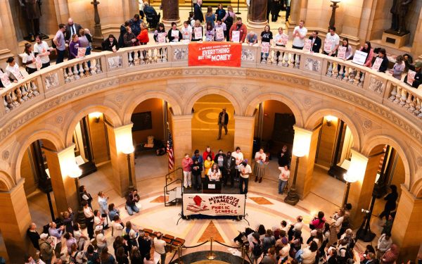 Minnesota Families for Public Schools host a rally at the Minnesota State Capitol in St. Paul, Minn. Wednesday, May 6, 2026,