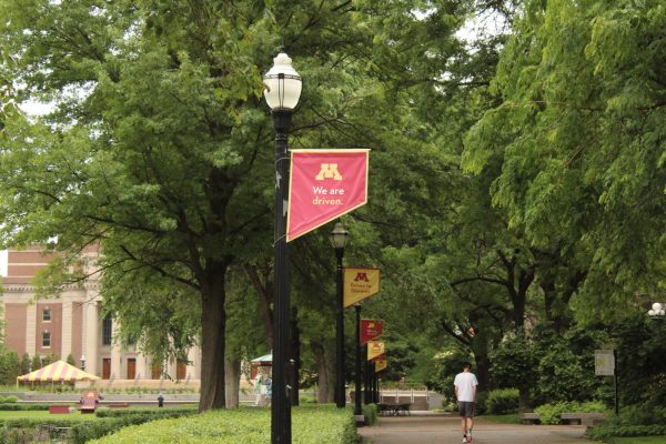 The University of Minnesota's ‘Driven to Discover’ pennant hangs on the University Twin Cities campus in Minneapolis, MN. June 11, 2026.