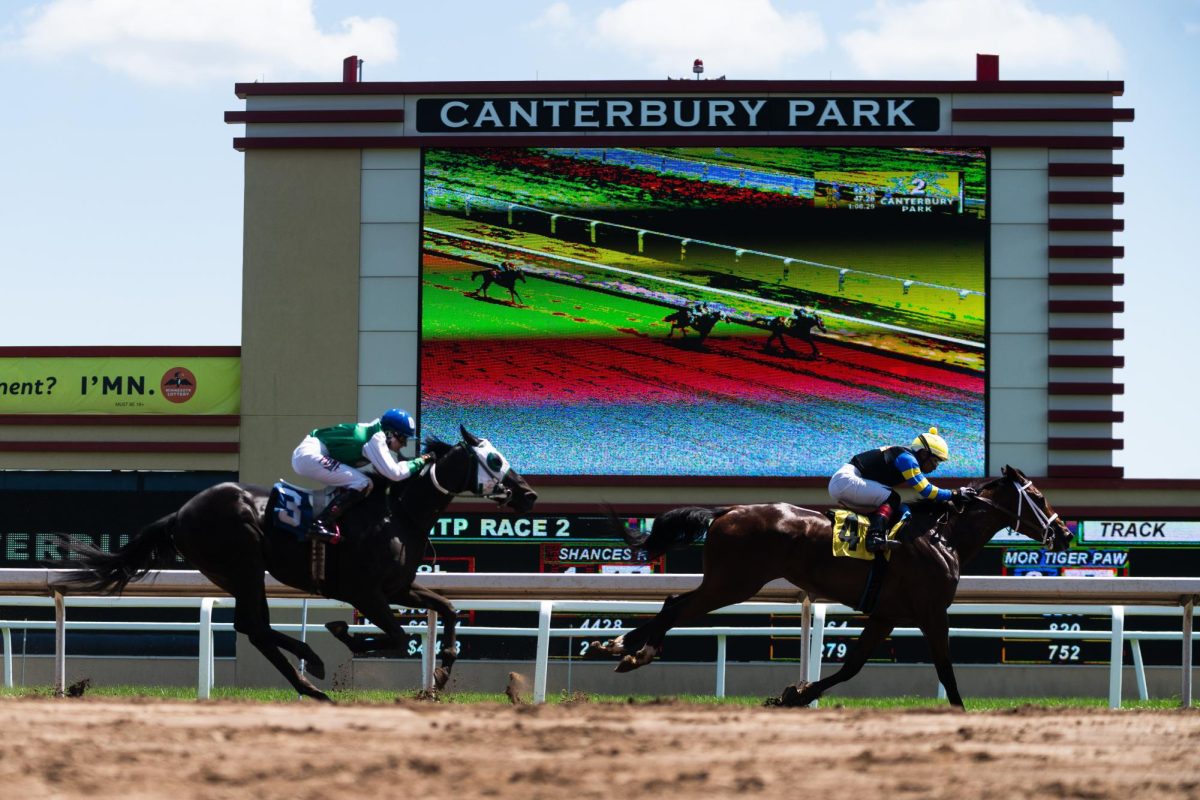 That Type Ofa Deal runs in first with Constantino Roman as a jockey, while Mor Tiger Paw runs in second with Olivia Bethke jockeying at Canterbury Park in Shakopee, Minn. Sunday, July 5, 2026.