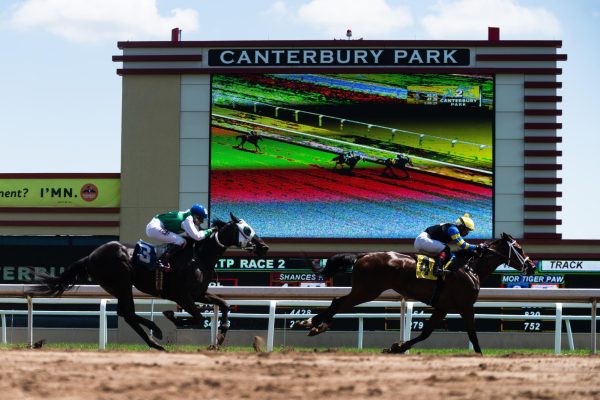 That Type Ofa Deal runs in first with Constantino Roman as a jockey, while Mor Tiger Paw runs in second with Olivia Bethke jockeying at Canterbury Park in Shakopee, Minn. Sunday, July 5, 2026.