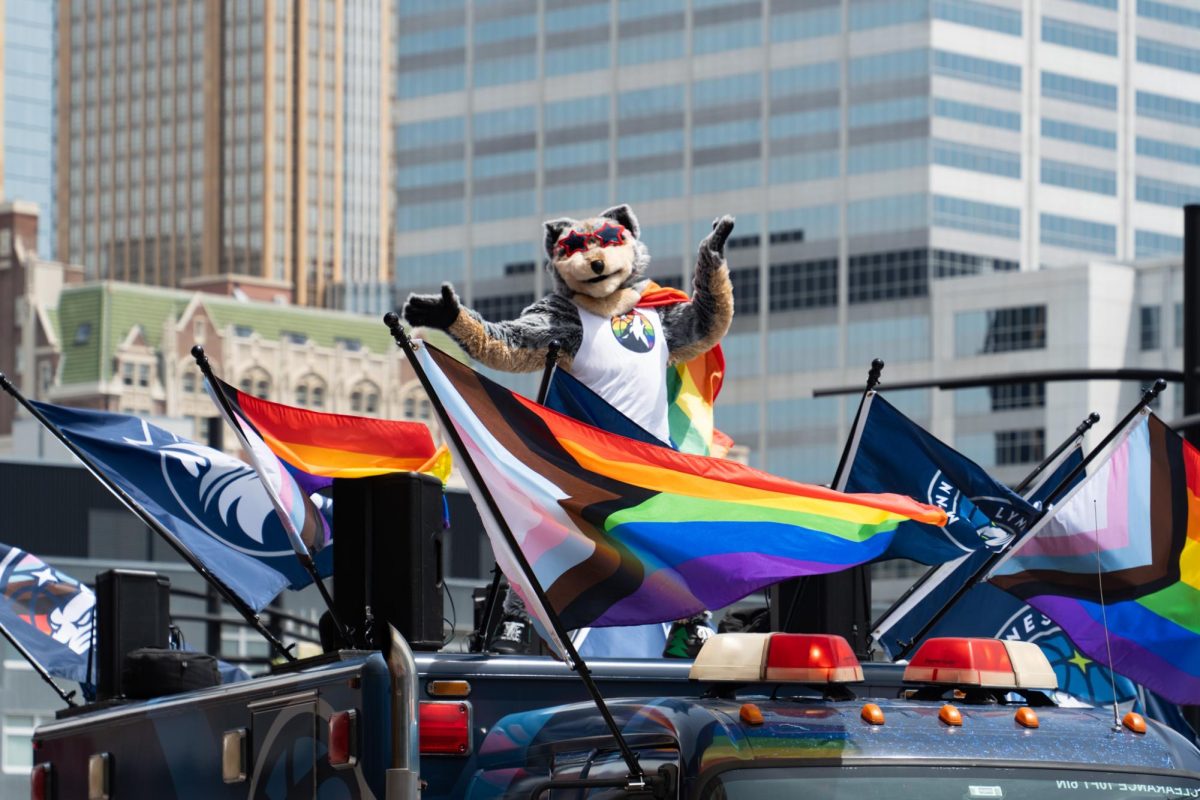 Minnesota Timberwolves mascot Crunch rides on a truck during the annual Loring Park Pride Parade on June 29 in Minneapolis.